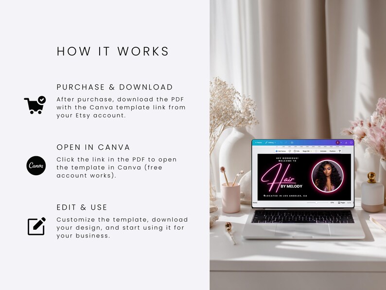 May include: A laptop displays a Canva template for "Hair by Melody" with a neon pink design. The image shows the steps: Purchase & Download, Open in Canva, and Edit & Use. The laptop is on a white surface.