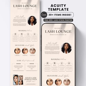 Könnte beinhalten: Eine digitale Marketingvorlage für ein Wimpernstudio in hellbeiger Farbgebung. Das Layout enthält Abschnitte für Buchungsrichtlinien, Profile von Wimpernstylisten, verschiedene Wimpernstile sowie Kundenbewertungen mit entsprechendem Text.
