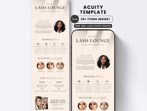 Lash Tech Acuity Scheduling Booking Website Template Luxury Cream Square Banner with FAQ Instagram Post Booking Flyer DIY Brow Stylist DIY