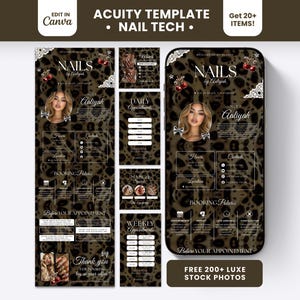 Puede incluir: Un conjunto de plantillas digitales para t&eacute;cnicos de u&ntilde;as con un fondo de estampado de leopardo marr&oacute;n y negro. El dise&ntilde;o incluye elementos de texto como NAILS by Aaliyah, pol&iacute;ticas de reserva y horarios de citas.