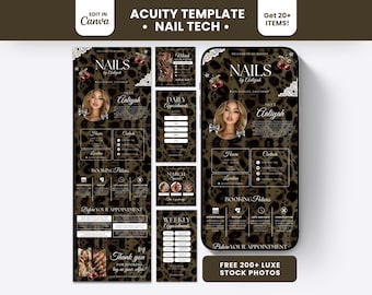 Puede incluir: Un conjunto de plantillas digitales para técnicos de uñas con un fondo de estampado de leopardo marrón y negro. El diseño incluye elementos de texto como NAILS by Aaliyah, políticas de reserva y horarios de citas.