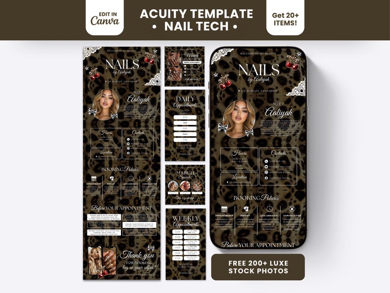 Puede incluir: Un conjunto de plantillas digitales para t&eacute;cnicos de u&ntilde;as con un fondo de estampado de leopardo marr&oacute;n y negro. El dise&ntilde;o incluye elementos de texto como NAILS by Aaliyah, pol&iacute;ticas de reserva y horarios de citas.
