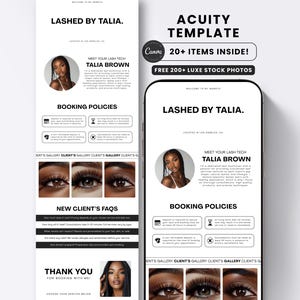 Peut inclure: Un modèle de marketing numérique sur un smartphone et une tablette. Le modèle est pour une technicienne en cils nommée Talia Brown. Le modèle comprend des politiques de réservation, une galerie clients et des FAQ. Le modèle est en noir et blanc.