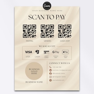 Puede incluir: Un letrero de pago comercial beige y blanco con el texto "SCAN TO PAY" y códigos QR para PayPal, Venmo y Cash App. También enumera los métodos de pago aceptados: Visa, efectivo, tarjeta de crédito, Google Pay y Apple Pay. Incluye información de contacto.