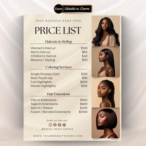 Plantilla de lista de precios editable. Folleto con ofertas especiales para salones de belleza. Menú de precios para pelucas, trenzas, extensiones, uñas y pestañas. Servicios de estética de lujo.