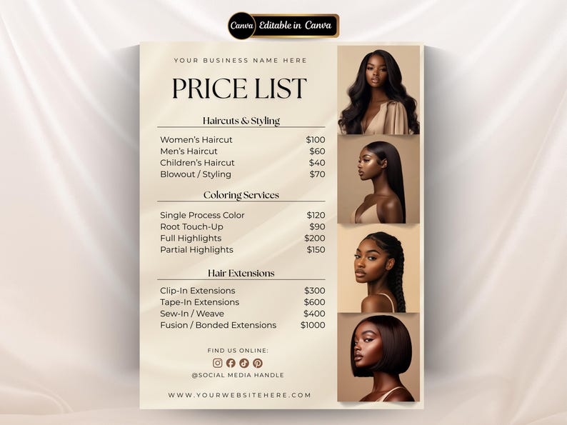Editable Pricelist Template Flyer Special Deals Beauty Salon Pricelist Menu Flyer for Hair Wig Braids Extension Nail Lash Esthetician Luxury image 1