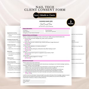 Formulario de consentimiento para servicios de uñas, tarjeta de instrucciones para cuidados posteriores, plantilla editable de Canva para salón de belleza.