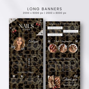 Puede incluir: Dos banners digitales largos con fondo de estampado de leopardo marr&oacute;n y texto para un sal&oacute;n de u&ntilde;as. Incluye secciones de pol&iacute;ticas de reserva, recordatorios de citas, informaci&oacute;n de contacto e im&aacute;genes de u&ntilde;as y una persona.