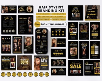 Hair Stylist Branding Kit Gold Luxury Acuity Template Square Booking Site with Social Media Templates Bundle Canva Editable for Braider Wigs
