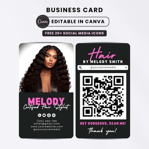 Może przedstawiać: Projekt wizytówki ze zdjęciem kobiety z długimi, falowanymi włosami. Karta zawiera tekst "Hair by Melody Smith" i kod QR. Projekt zawiera również tekst "Editable in Canva" i ikony mediów społecznościowych.