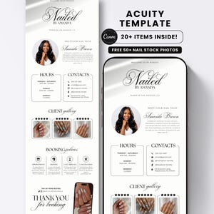 May include: A digital template for a nail technician website featuring the text Nailed By Amanda, business hours, contact information, a client gallery with star ratings, and booking policies. The layout includes a circular portrait photo.