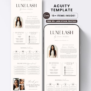 Puede incluir: Una plantilla digital para un sitio web de negocio de pestañas con el texto Luxe Lash by Imani Harris. El diseño incluye secciones para horarios comerciales, datos de contacto, políticas de reserva e información de citas en un móvil.