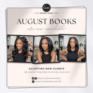 Folleto de reservas de agosto Ofertas de citas de verano ya disponibles Publicación en redes sociales Plantilla de Canva DIY para cabello, pestañas, uñas, pelucas, maquilladores y trenzadores