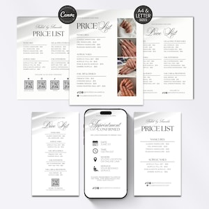 Può includere: Un set di modelli digitali per un listino prezzi di un salone di bellezza e una conferma di appuntamento. I documenti presentano testo nero su sfondo bianco, includendo sezioni per manicure, unghie acriliche e nail art. Uno smartphone mostra una schermata di conferma appuntamento con data, ora e dettagli del servizio. Sono inclusi codici QR per la prenotazione.