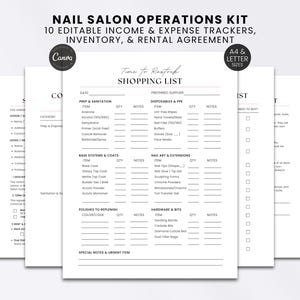 May include: A digital nail salon operations kit featuring 10 editable income and expense trackers, inventory sheets, and a rental agreement. The documents include a shopping list for prep, sanitation, base systems, polishes, and hardware.