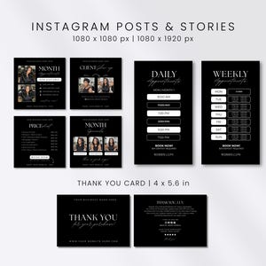 以下が含まれることがあります： Instagramの投稿やストーリー用の黒いデジタルテンプレート集。予約、料金表、月間スペシャル用の白いテキストとレイアウトが特徴で、ビジネス用の10.16 x 14.22 cmのサンキューカードも含まれています。