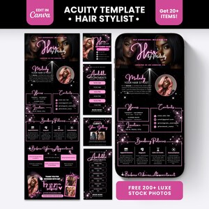 May include: A digital marketing template set for hair stylists featuring a black background with pink neon accents and text including Hair by Melody, Available Appointments, Booking Policies, and Client's Glow Gallery, displayed on a smartphone screen.