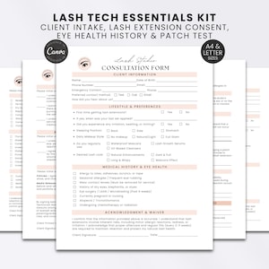 Puede incluir: Un kit esencial para técnicos de pestañas que incluye múltiples formularios de consulta impresos para admisión de clientes, consentimiento de extensiones, historial de salud ocular y pruebas de parche con secciones de información detallada.
