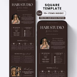 Puede incluir: Una plantilla digital marrón oscuro para un sitio web de peluquería con el texto HAIR STUDIO by Imani Harris, horario, contacto, políticas de reserva y una foto de un estilista. Incluye 15 elementos y 50 fotos de stock de cabello.