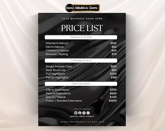 Editable Pricelist Template Flyer Special Deals Beauty Salon Pricelist Menu Flyer for Hair Wig Braids Extension Nail Lash Esthetician Luxury