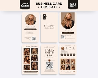 May include: A business card template set featuring a beige color palette with dark brown text. The designs include a photo of a person with long blonde hair, contact information, social media handles, and QR codes for booking appointments.