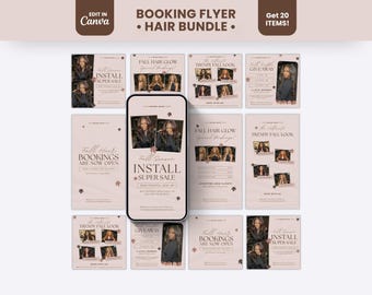 May include: A digital collection of twenty hair salon booking flyers and social media templates in a soft beige color palette. The designs feature text such as Fall Hair Glow, Install Super Sale, and Fall Hair Bookings Are Now Open, with various photo placeholders showing individuals with styled hair.