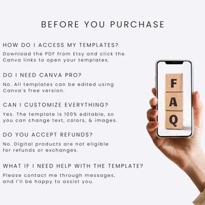 以下が含まれることがあります： BEFORE YOU PURCHASEというタイトルのデジタルFAQインフォグラフィック。テンプレートへのアクセス、Canva Proの要件、カスタマイズ、返金ポリシー、サポートに関する5つの質問と回答がスマートフォン画面に表示されています。