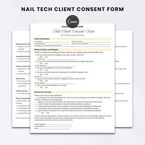 Op de afbeelding: Een stapel witte Nail Tech Client Consent Forms met zwarte en bruine tekst. De formulieren bevatten secties voor klantinformatie, medische geschiedenis, allergieën en toestemming voor nagelservice. Het Canva-logo is zichtbaar.