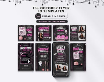 October Halloween Booking Flyer Bundle Pink Template Spooky Instagram Social Media Flyer for Hair Stylist Lashes Artist Nails Braid Tech MUA
