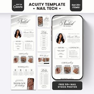 Op de afbeelding: Een digitaal Acuity-sjabloon voor nagelstylisten met een witte lay-out en zwarte tekst, inclusief secties voor openingstijden, contactgegevens, klantengalerijen en boekingsbeleid, weergegeven op een smartphone en diverse kaarten.