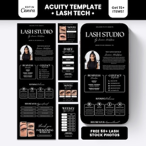 Op de afbeelding: Een zwart digitaal sjabloon voor een wimperstudio met witte tekst en afbeeldingen. De lay-out bevat secties voor openingstijden, contactgegevens, boekingsbeleid en afspraken, weergegeven op een smartphone en in verticale panelen.