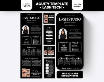 May include: A black digital template for a lash studio featuring white text and layout sections for business hours, contact details, booking policies, and appointment scheduling. The design includes placeholders for photos of eyes and a lash technician.