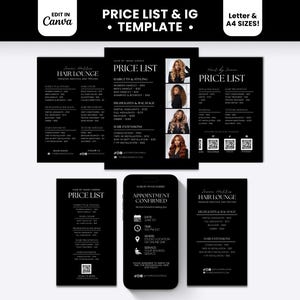 Modèle de liste de prix noir pour coiffeur - Menu de services de salon de luxe imprimable - Guide des prix moderne et modifiable sur Canva - Publication Instagram pour tresseuses de perruques