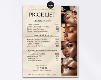 Lash Editable Pricelist Template Flyer Special Deals Beauty Salon Pricelist Menu Flyer for Hair Wig Braids Extension Nail Esthetician Luxury