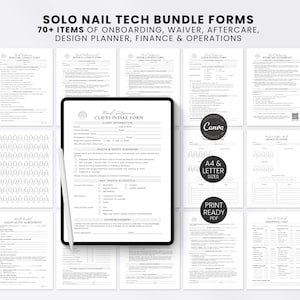 Puede incluir: Un paquete digital de más de 70 formularios para técnicos de uñas que incluye admisión de clientes, consentimientos, cuidados posteriores y planificadores. Texto negro sobre páginas blancas, mostrado en una tableta con lápiz óptico, tamaños A4 y Letter.