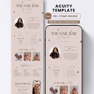Op de afbeelding: Een digitaal marketingsjabloon voor The Nail Bar by Aniyah met een lichtbeige achtergrond en bruine tekst en accenten. De lay-out bevat een cirkelvormig portret, openingstijden, contactgegevens, een galerij met gemanicuurde handen en klantbeoordelingen.
