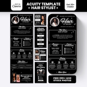 May include: A black and white digital template set for a hair stylist booking site, featuring text such as Hair by Melody, Meet Your Hair Stylist, Business Hours, Contact Information, Booking Policies, and Client's Glam Gallery, displayed on a smartphone.