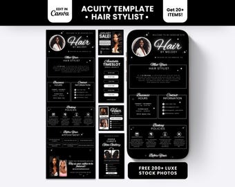 Puede incluir: Un conjunto de plantillas digitales en blanco y negro para un sitio de reservas de peluquería, con texto como Hair by Melody, Meet Your Hair Stylist, Business Hours, Contact Information, Booking Policies y Client's Glam Gallery, mostrado en un smartphone.