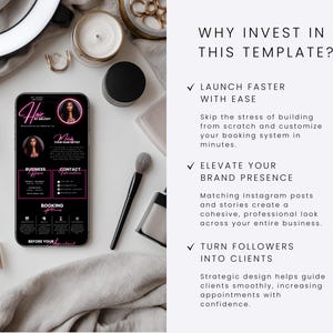 May include: A smartphone displays a black and pink hair salon booking template with the text "Hair by Melody." The phone is surrounded by makeup brushes, a candle, and other beauty accessories. The text on the phone includes "Business Hours" and "Contact Information."