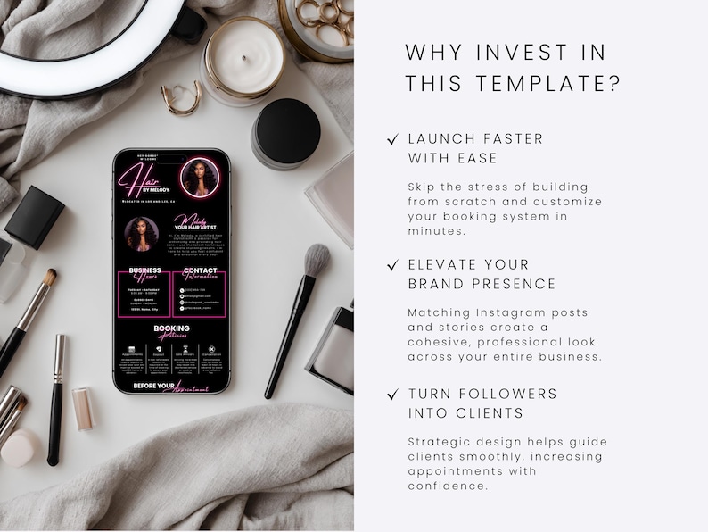 May include: A smartphone displays a black and pink hair salon booking template with the text "Hair by Melody." The phone is surrounded by makeup brushes, a candle, and other beauty accessories. The text on the phone includes "Business Hours" and "Contact Information."