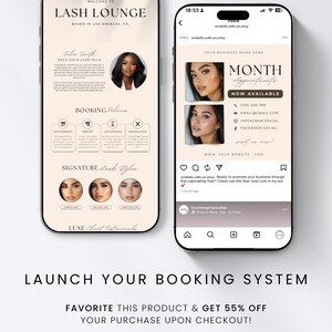 May include: Two smartphone screens displaying a Canva template for a lash technician business. The screens show a welcome page with booking policies and a social media post layout featuring appointment information and contact details.