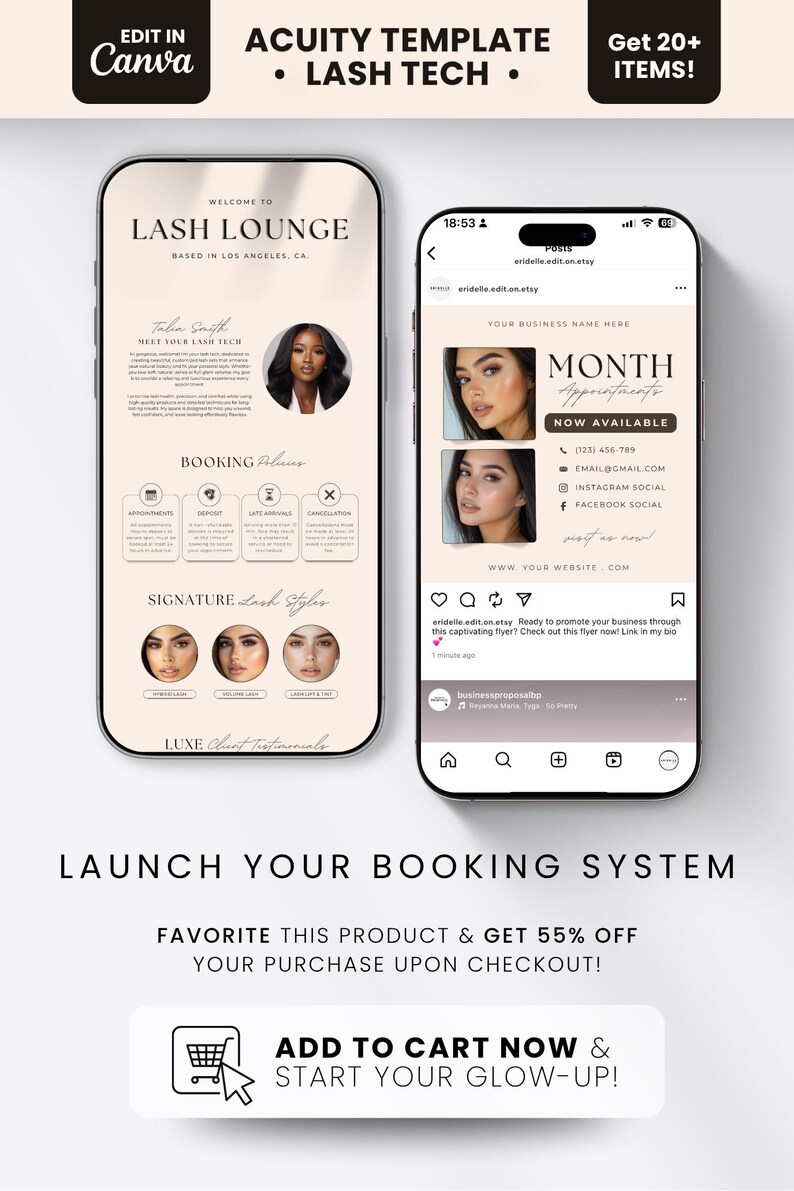 May include: Two smartphone screens displaying a Canva template for a lash technician business. The screens show a welcome page with booking policies and a social media post layout featuring appointment information and contact details.