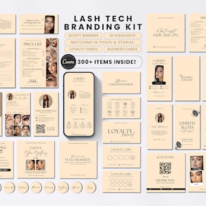 May include: A branding kit for lash technicians, featuring business cards, price lists, social media templates, and loyalty cards. The kit includes a variety of designs with a neutral color palette and the text "LASH TECH BRANDING KIT".