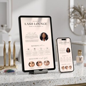 May include: A tablet and a smartphone displaying a Lash Lounge website template with a light pink background, featuring text, booking policies, and photos of lash styles. Three gold tweezers and a small bottle are placed nearby.