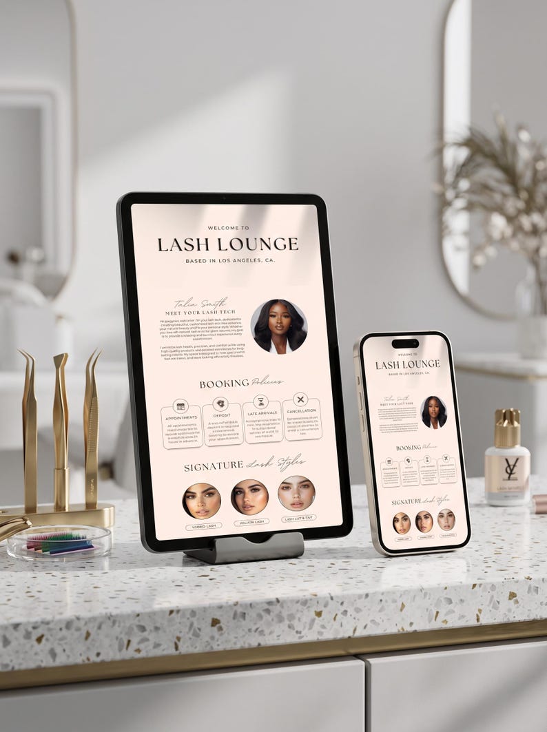 May include: A tablet and a smartphone displaying a Lash Lounge website template with a light pink background, featuring text, booking policies, and photos of lash styles. Three gold tweezers and a small bottle are placed nearby.