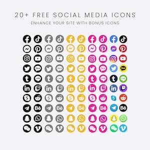 May include: A collection of social media icons in various colors and designs, including Facebook, Twitter, Instagram, and more. The image includes the text "20+ FREE SOCIAL MEDIA ICONS" and "ENHANCE YOUR SITE WITH BONUS ICONS".