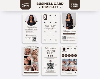 May include: A set of six vertical business card templates in white and dark brown. The designs feature text including Aniyah Jones, Certified Nail Tech, and Let's connect, along with QR codes, social media icons, and photo placeholders.