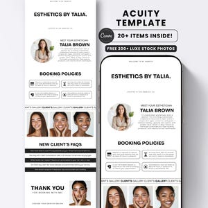 May include: A digital template for an esthetics business website featuring the text Esthetics by Talia, Talia Brown, Booking Policies, Client's Gallery, New Client's FAQs, and Thank You. The layout includes headshots and service information.