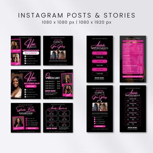 May include: A collection of Instagram post templates for a hair salon, featuring a black and pink color scheme. The templates include appointment schedules, price lists, and promotional graphics with the salon's name and images of hairstyles.