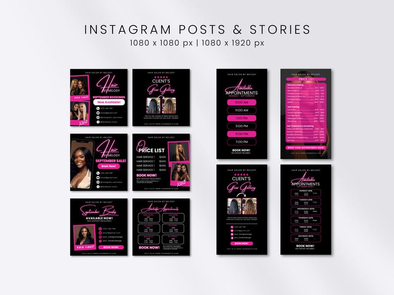 May include: A collection of Instagram post templates for a hair salon, featuring a black and pink color scheme. The templates include appointment schedules, price lists, and promotional graphics with the salon's name and images of hairstyles.